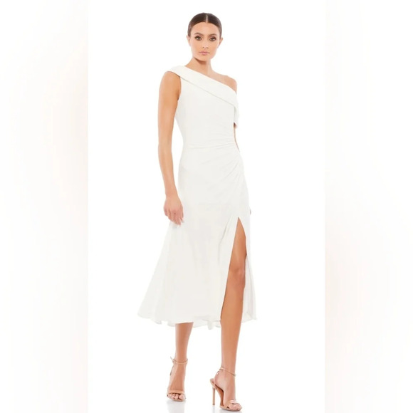 Ieena for Mac Duggal,Ruched Off The  Shoulder Midi Dress,White/Ivory, Size 6,NWT - Picture 1 of 11